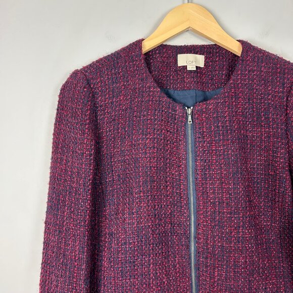 Loft Tweed Blazer Jacket Blue & Red Zip Front Winter Wool Blend Size 4 Women's - Picture 2 of 4